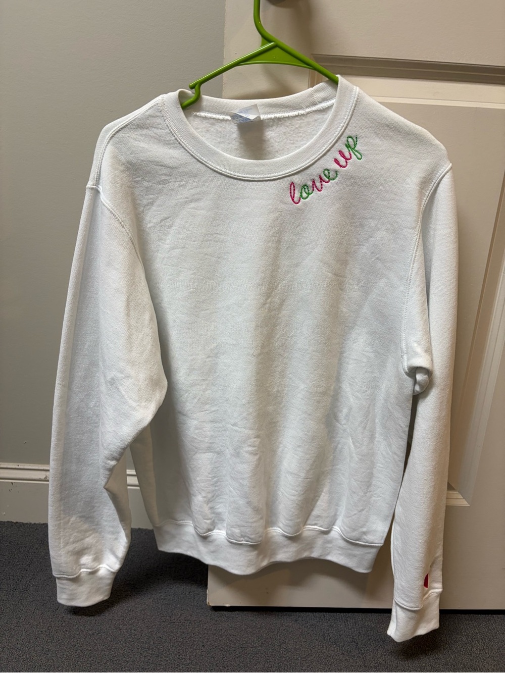 White Crewneck Sweatshirt with 'Love Up' Embroidery